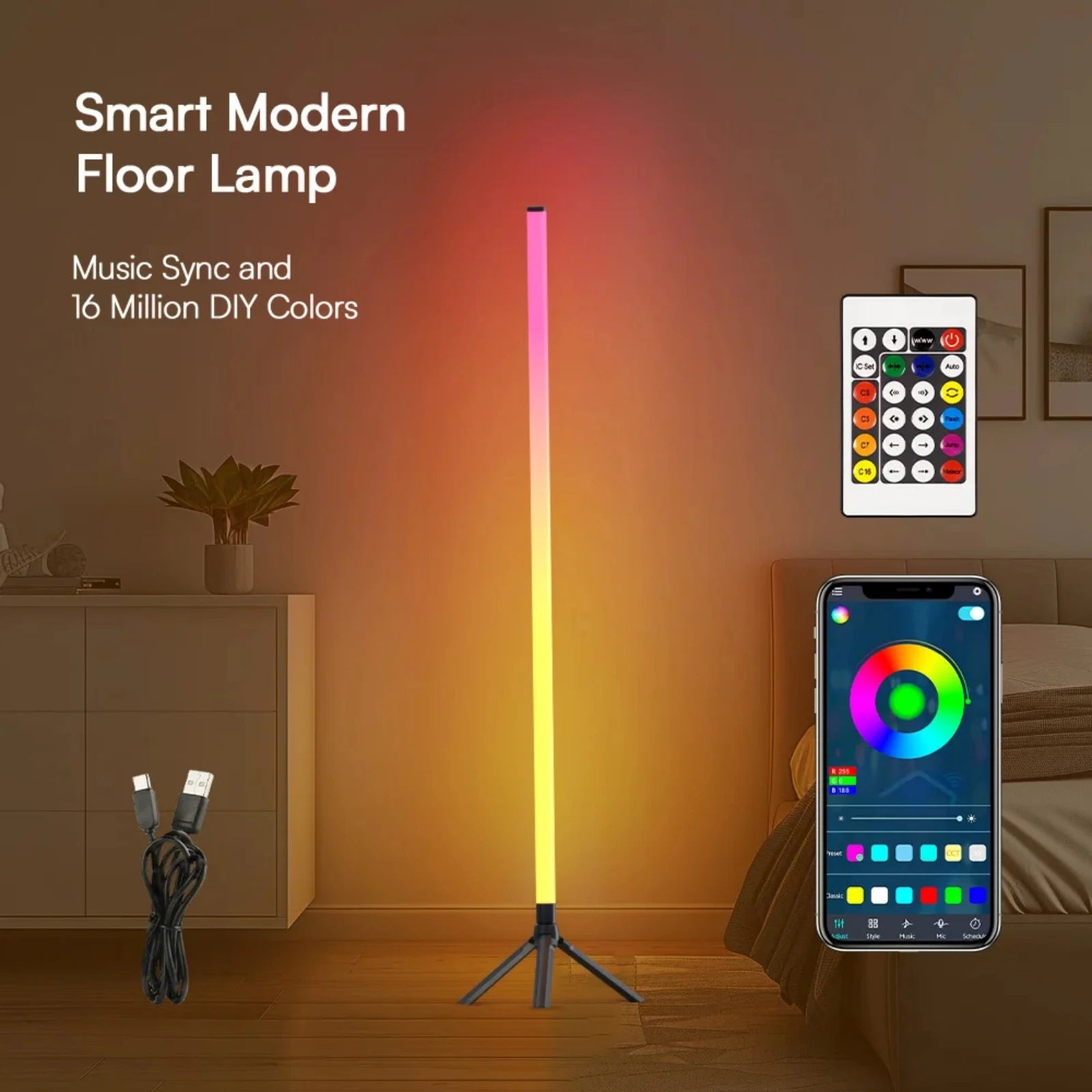 USB RGBIC Corner Floor Lamp 360° Color Changing Dimmable Ambient Lighting with Bluetooth App & Remote Control for Living Bedroom serenya