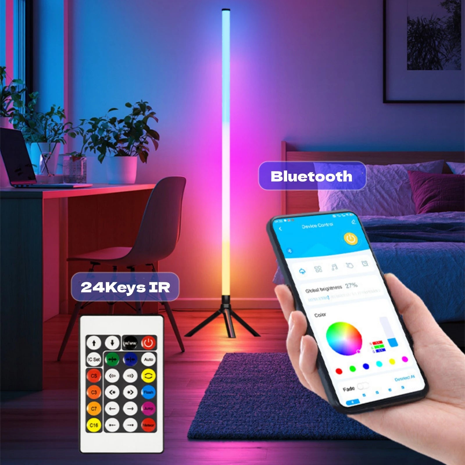 USB RGBIC Corner Floor Lamp 360° Color Changing Dimmable Ambient Lighting with Bluetooth App & Remote Control for Living Bedroom serenya