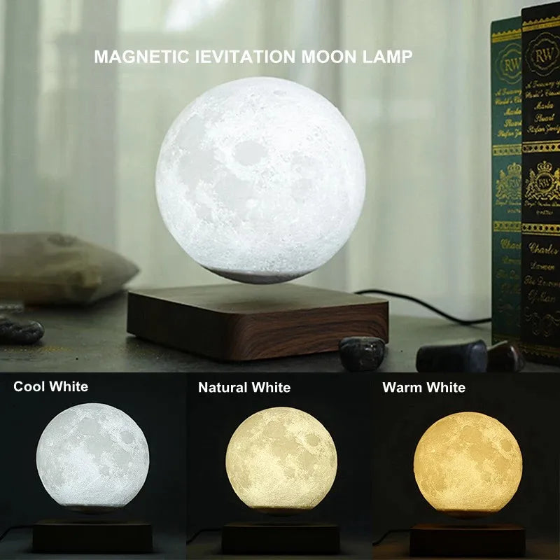 ZK30 Levitating Moon Lamp Night Light Floating 3D Printing LED Moon Lamp with Wooden Base and Magnetic with 3 Colors serenya