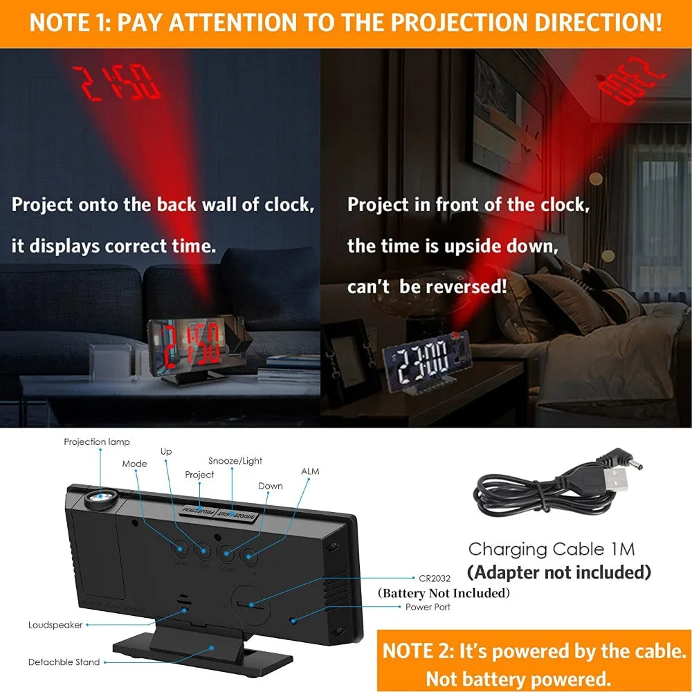 180° Arm Projection Alarm Clock Time Temperature USB Plug-in Digital Alarm Clock Snooze Table Clock 12/24H Projector LED Clock serenya