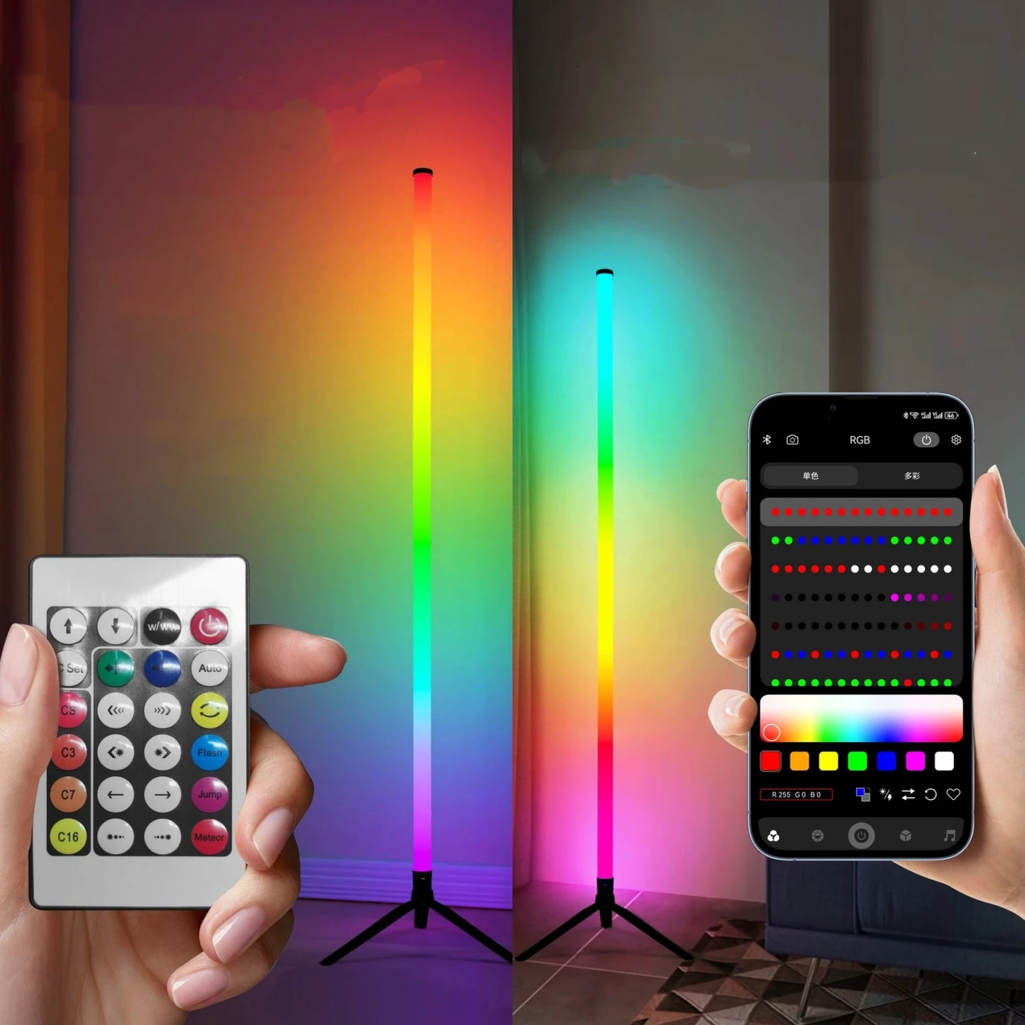 USB RGBIC Corner Floor Lamp 360° Color Changing Dimmable Ambient Lighting with Bluetooth App & Remote Control for Living Bedroom serenya