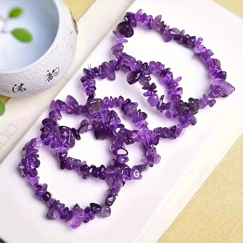 Natural Amethyst Chips Bracelet Healing Chakra Yoga Meditation and Positive Energy Crystal Stretch Bangles Gift for Girlfriend serenya