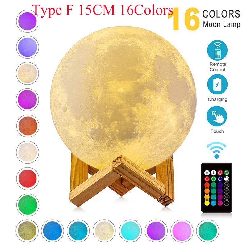 ZK30 Levitating Moon Lamp Night Light Floating 3D Printing LED Moon Lamp with Wooden Base and Magnetic with 3 Colors serenya