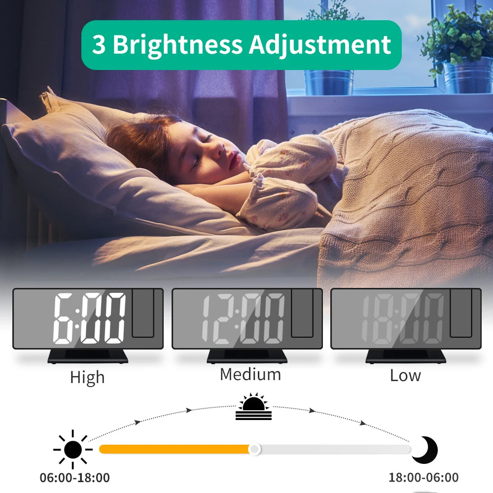 180° Arm Projection Alarm Clock Time Temperature USB Plug-in Digital Alarm Clock Snooze Table Clock 12/24H Projector LED Clock serenya