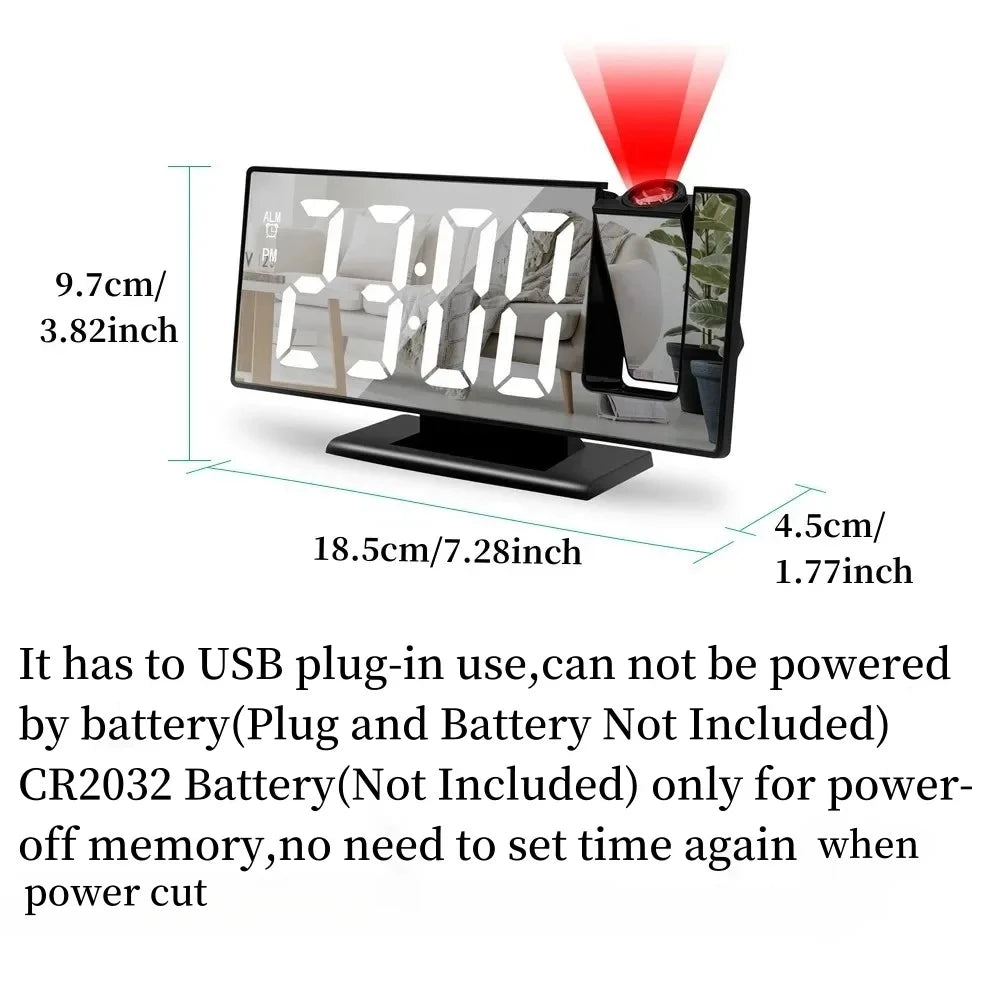 180° Arm Projection Alarm Clock Time Temperature USB Plug-in Digital Alarm Clock Snooze Table Clock 12/24H Projector LED Clock serenya