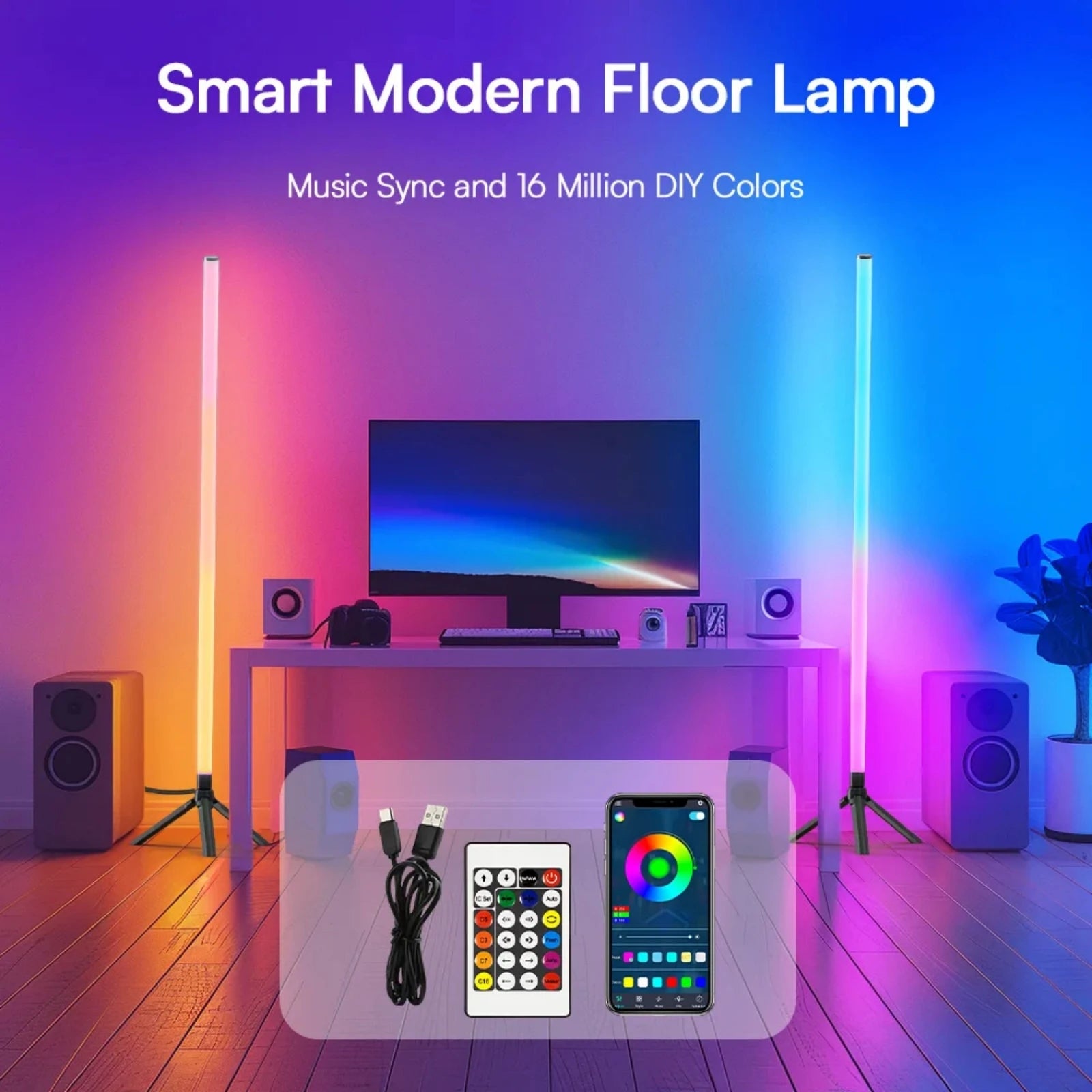 USB RGBIC Corner Floor Lamp 360° Color Changing Dimmable Ambient Lighting with Bluetooth App & Remote Control for Living Bedroom serenya